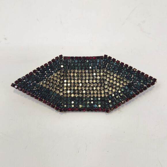 Roxanne Assoulin Geometric Brooch Pin Rhinestone Red Green Clear Art Deco Style - Picture 1 of 6